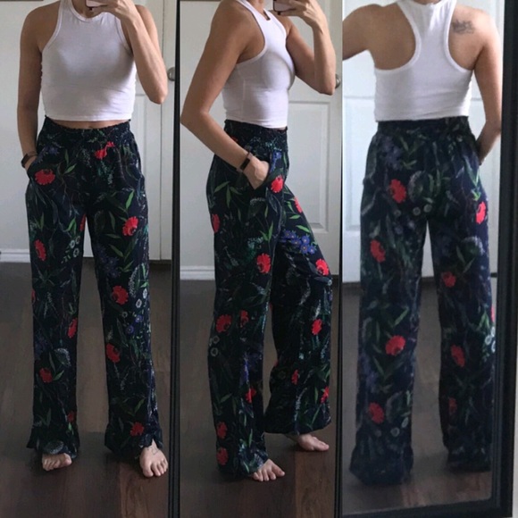 aerie Pants - Aerie high waisted satin floral wide leg pants